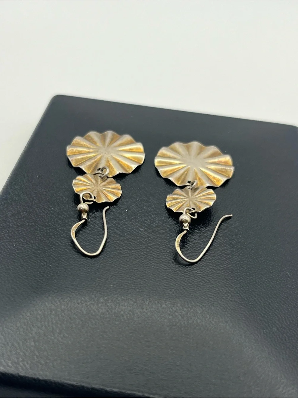 Gold washed sterling silver textured round scalloped dangle vintage earrings